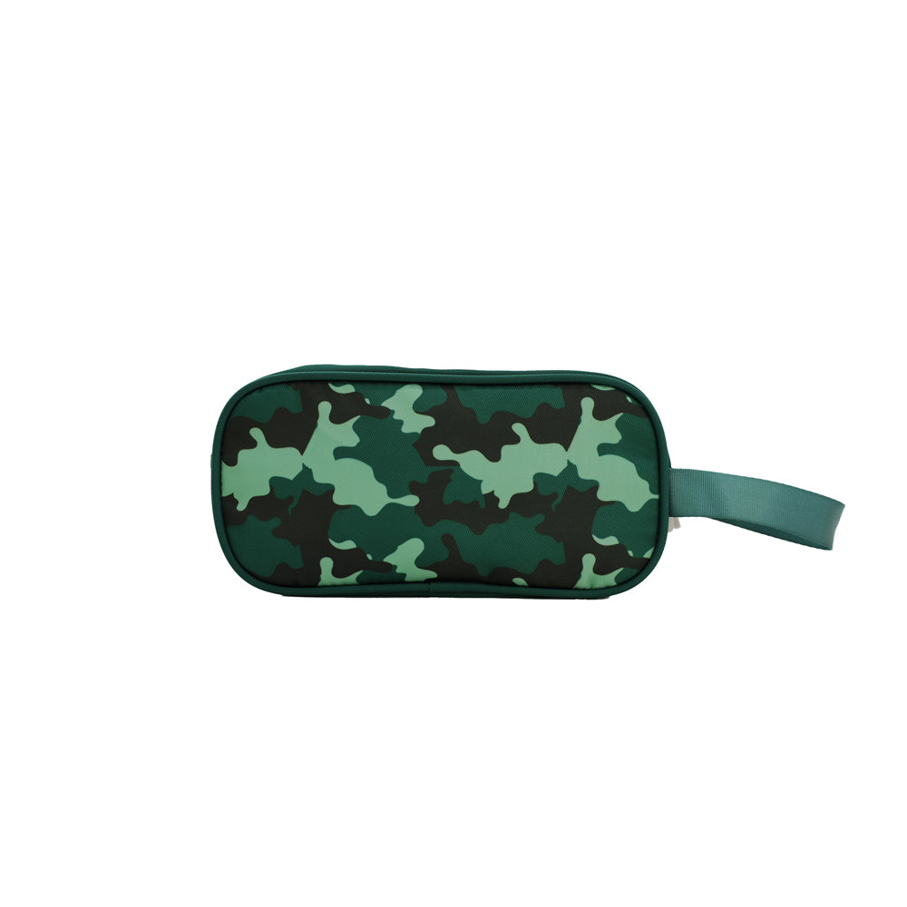 The back of a pencil case in camouflage print.