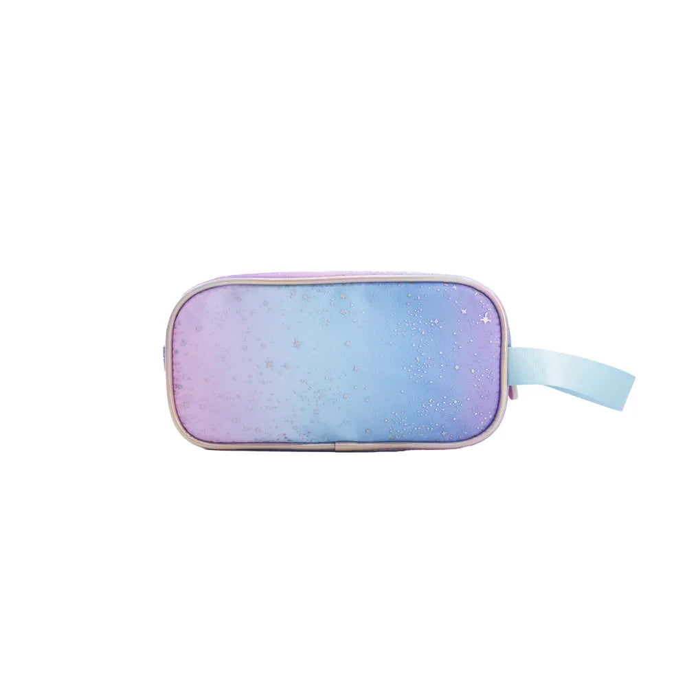 The back of a purple and blue gradient pencil case.
