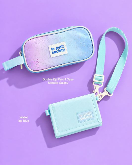 Petit Pair bundle: Double Zip Pencil Case in Metallic Galaxy and Wallet in Ice Blue