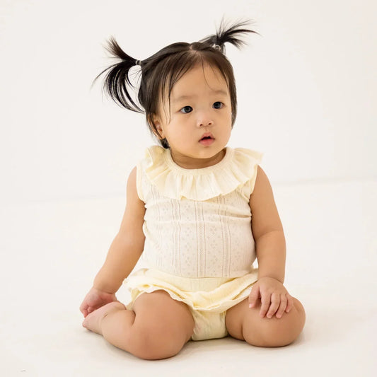 Baby Girl Ruffle Top in Cream Pointelle Cotton by Le Petit Society — image 2