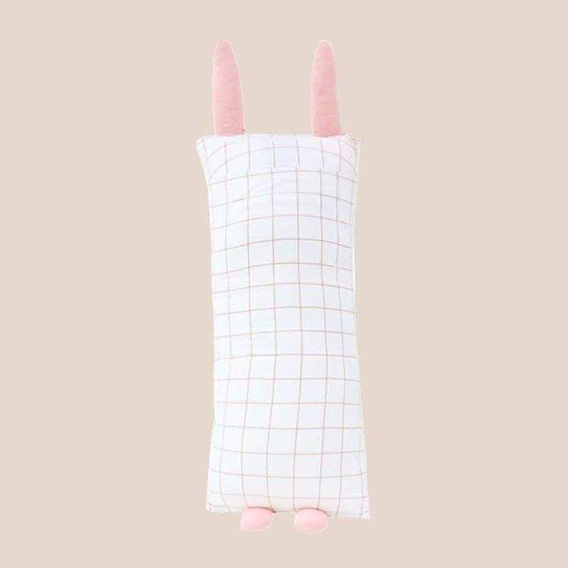 A kids' bamboo pillow with a pink bunny design in medium by Le Petit Society.
