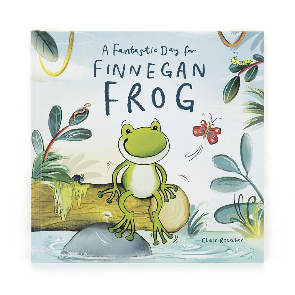 Children’s picture book cover titled 'A Fantastic Day for Finnegan Frog' by Clair Rossiter, featuring a smiling frog sitting on a log