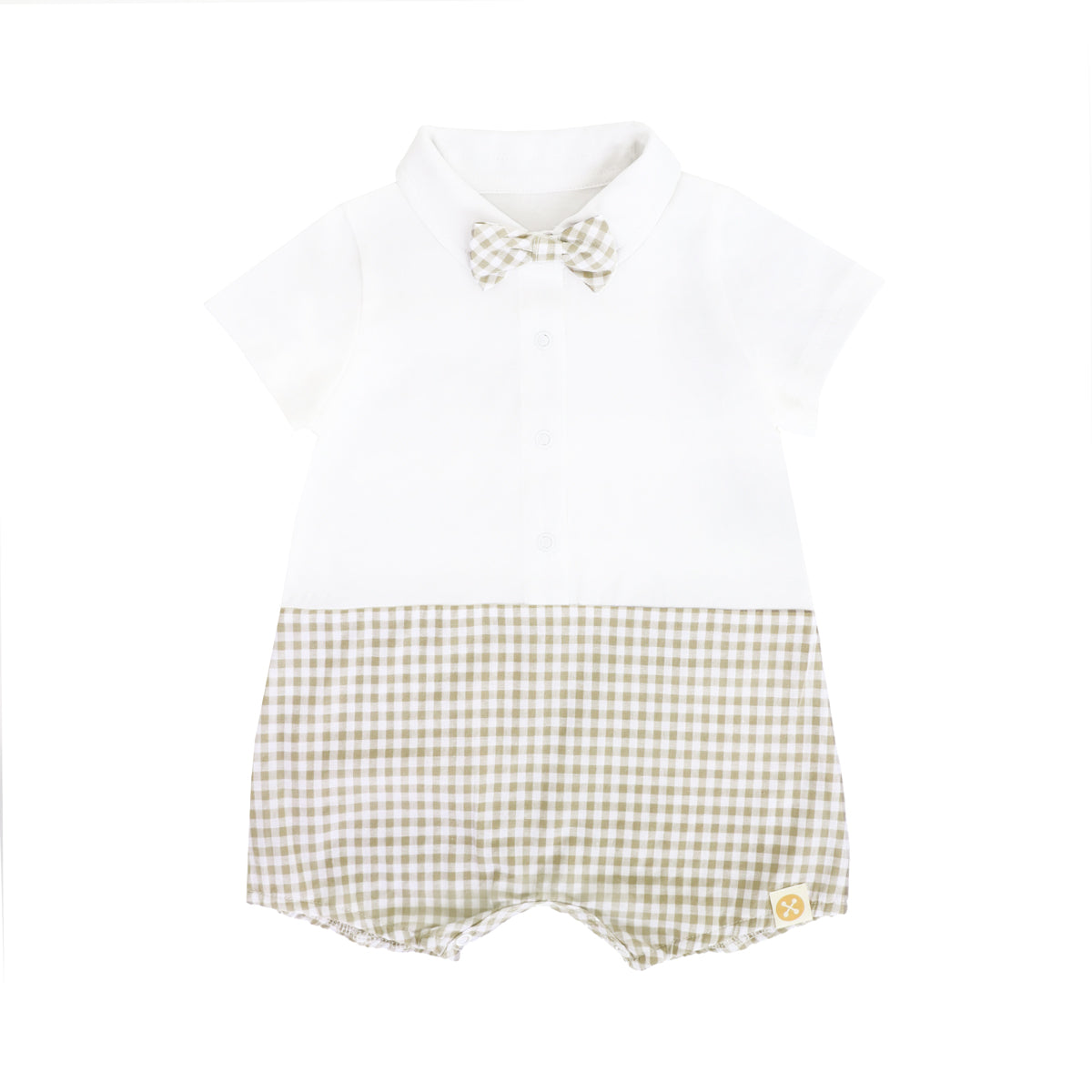 Baby Boy Bow Tie Romper in Beige Gingham by Le Petit Society — image 7