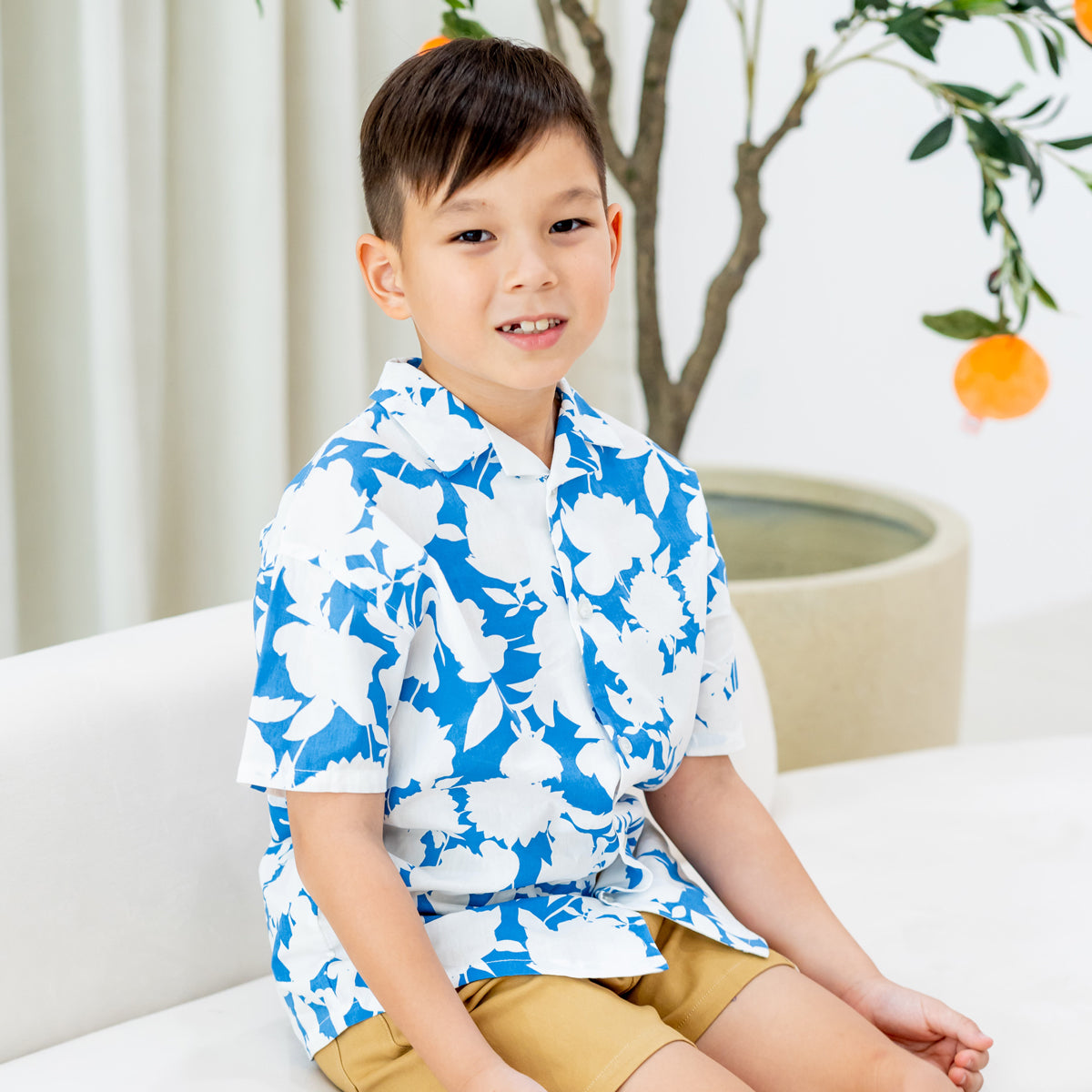 Garden Series - Boys Camp Collar Shirt in Blue Floral by Le Petit Society — image 17