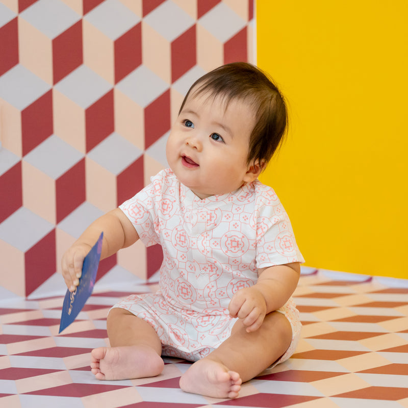 Chinese Motif Series - Baby Boy Jersey Romper in Pink Motif by Le Petit Society — image 10