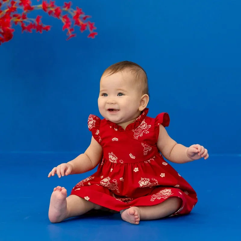 Lion Dance Series - Baby Girl Cheongsam in Red Lion Print by Le Petit Society — image 9