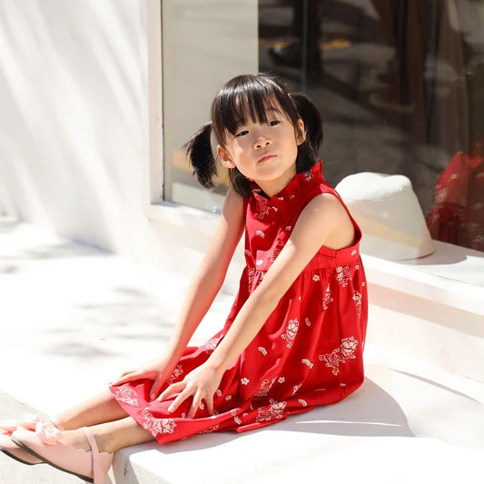 Lion Dance Series - Girls Cheongsam in Red Lion Print by Le Petit Society — image 2