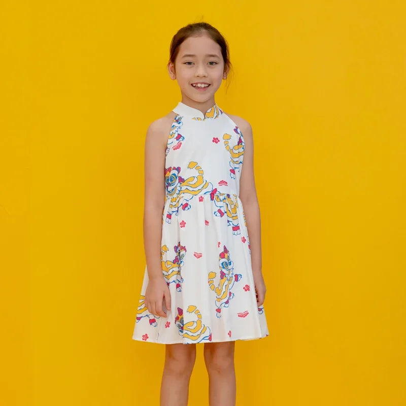 Lion Dance Series - Girls Halter Dress in White Lion Print by Le Petit Society — image 14