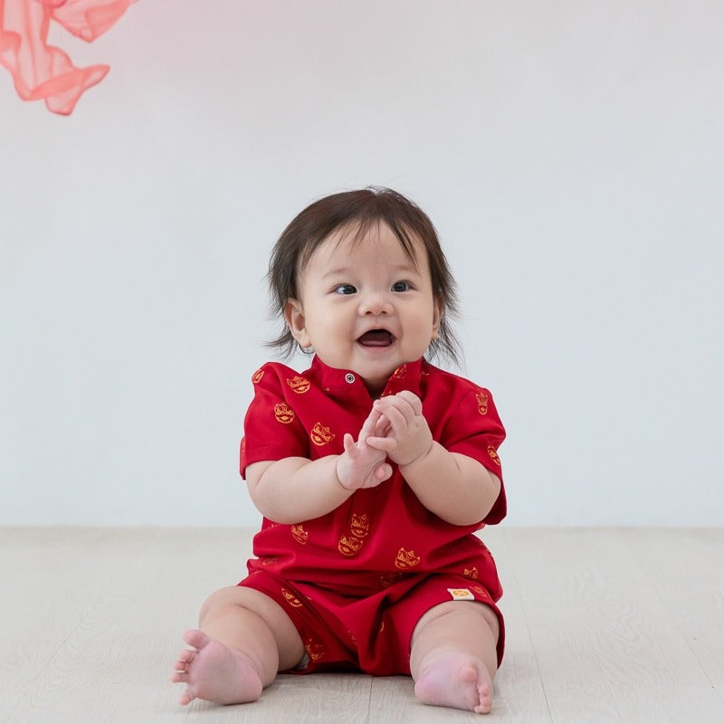 Lion Dance Series - Baby Boy Romper in Gold Lion Print by Le Petit Society — image 5