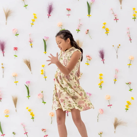 Garden Series - Girls Ruffled Dress in Yellow Chrysanthemum Print by Le Petit Society — image 2