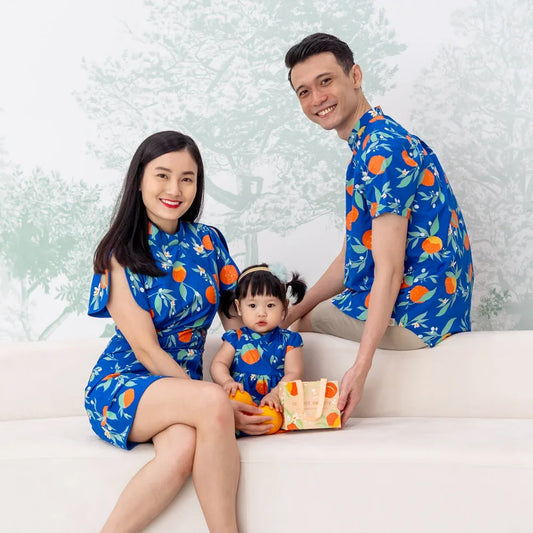Mandarin Orange Series - Baby Girl Dress in Blue Floral Orange Print by Le Petit Society — image 2