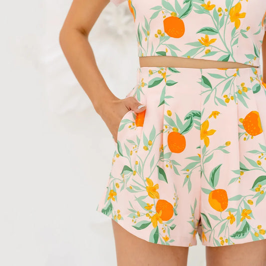 Mandarin Orange Series - Ladies High Waist Shorts in Pink by Le Petit Society — image 2
