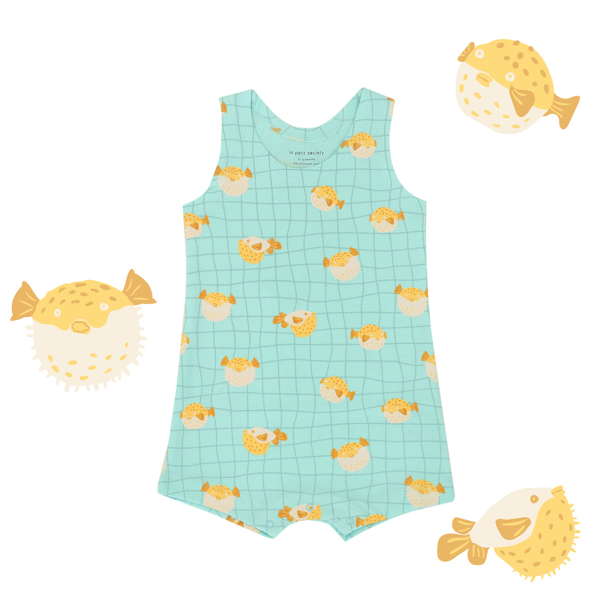 Baby Organic Sleeveless Romper in Puffer Fish Print by Le Petit Society — image 12