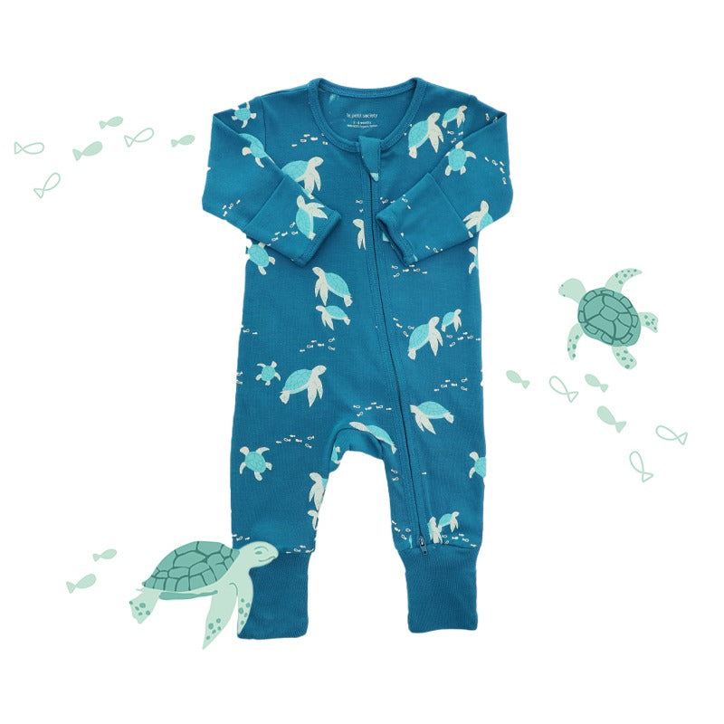 Baby Organic Zip Sleepsuit with Foldable Mittens & Footies in Turtle Print by Le Petit Society — image 15