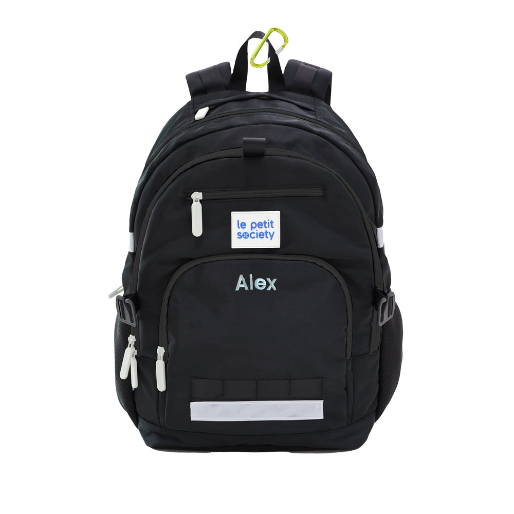 The LPS kids double pocket school bag in black with personalised name embroidery.
