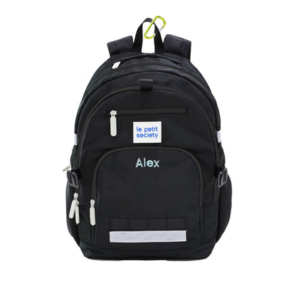 The LPS kids double pocket school bag in black with personalised name embroidery.