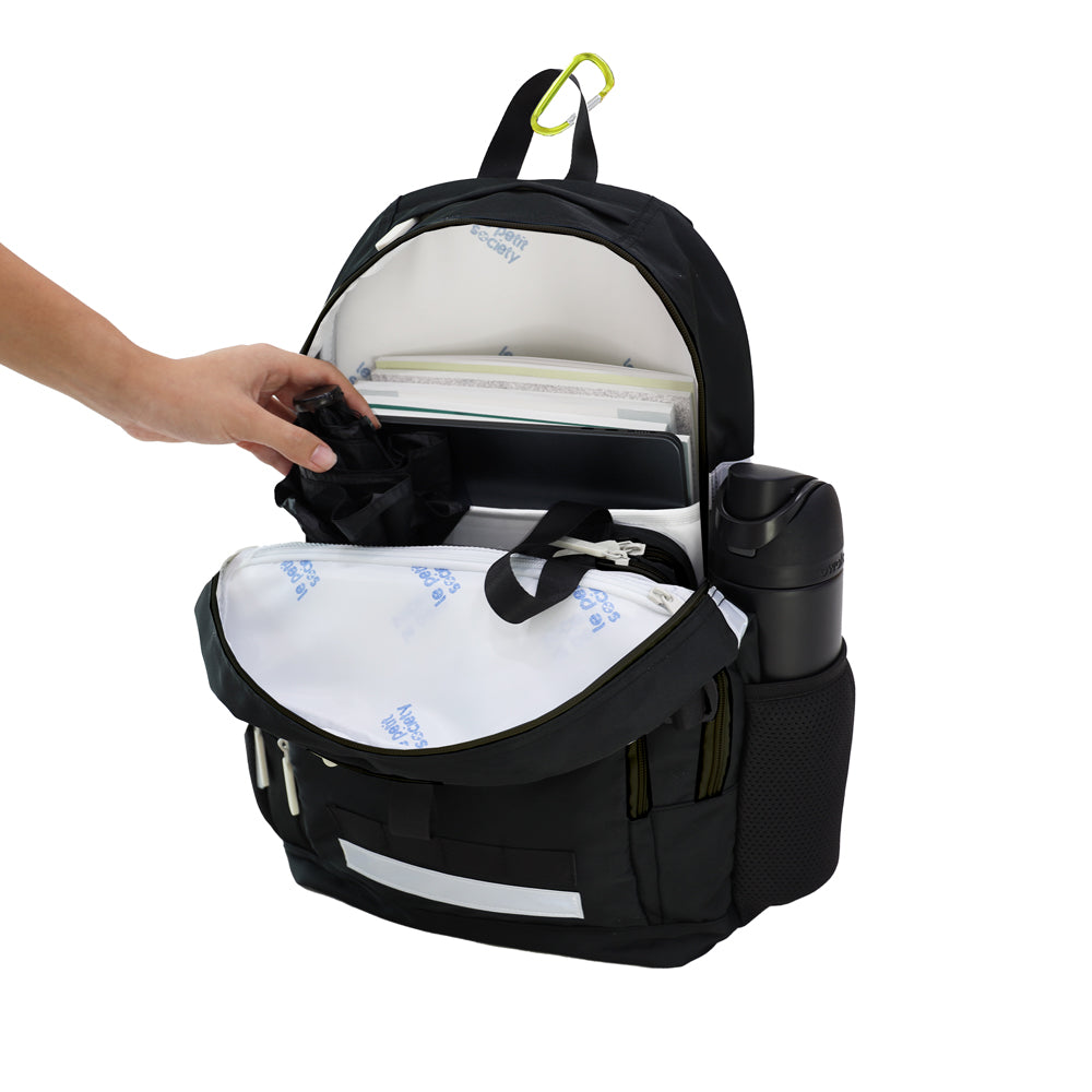 The LPS kids double pocket school bag containing an umbrella, a water bottle, pencil case, laptop and school books.
