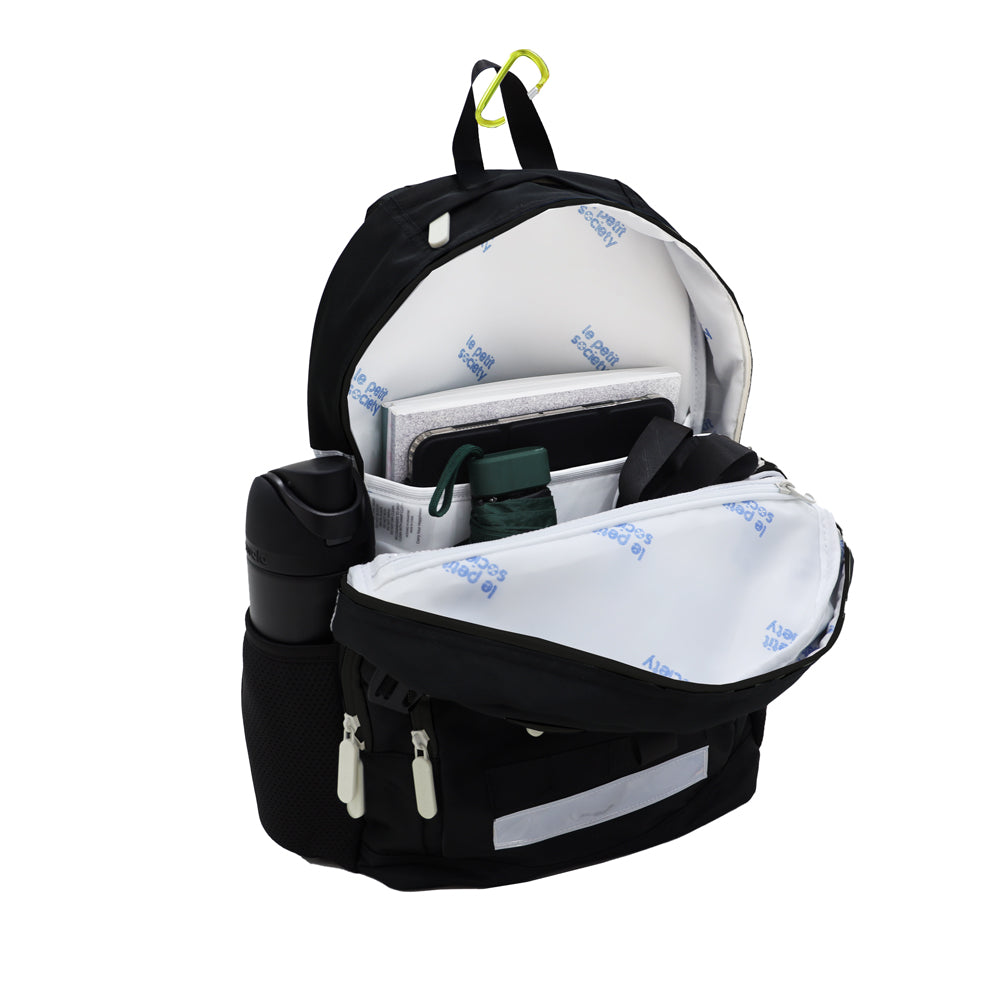 The LPS kids double pocket school bag containing a water bottle, an umbrella, laptop, water bottle and school books.