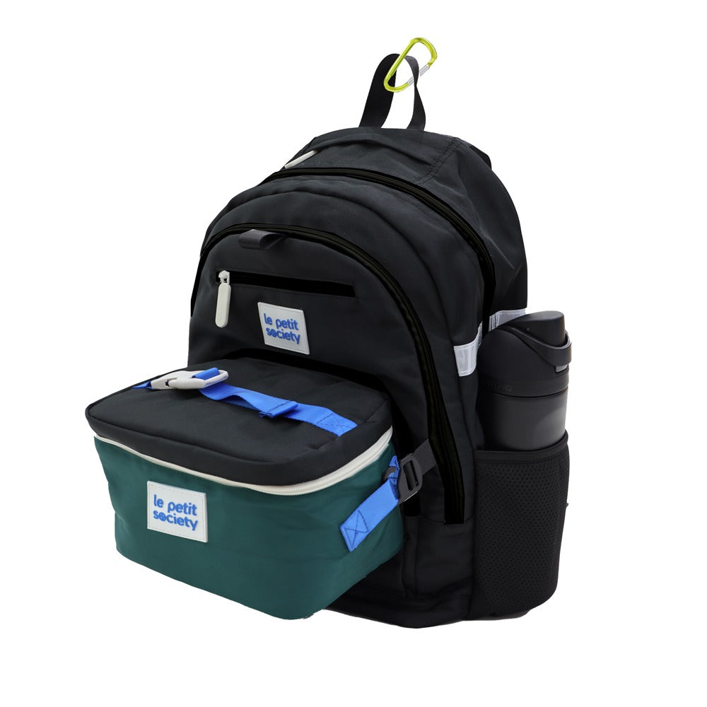 The double pocket school bag and lunch bag bundle in black and green.