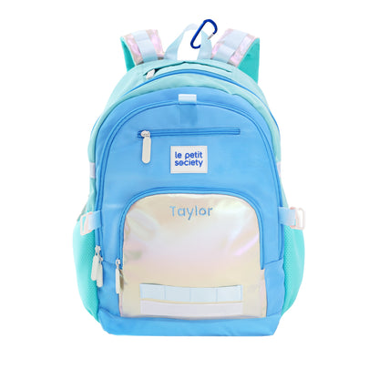 The LPS kids double pocket school bag in blue and silver, with a personalised name embroidery.