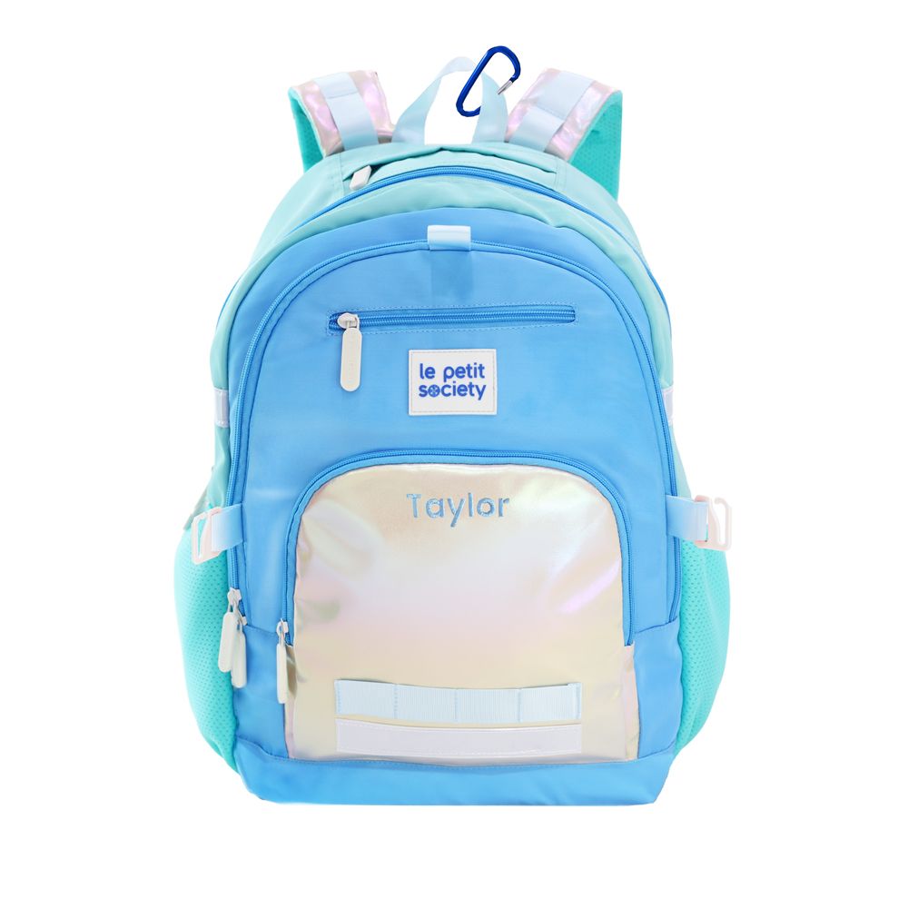 The double pocket school bag in blue and iridescent silver, with a personalised name embroidery.