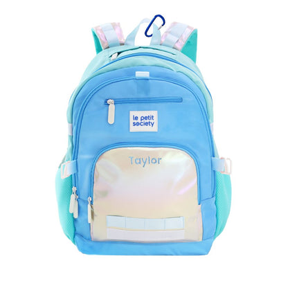 The double pocket school bag in blue and iridescent silver, with a personalised name embroidery.