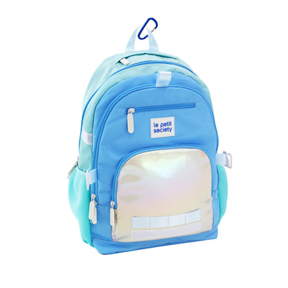 A side view of the LPS kids double pocket school bag in blue and silver.