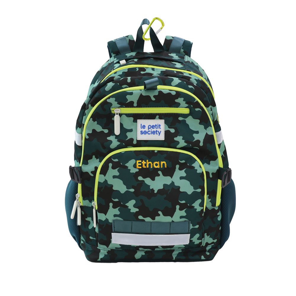 The double pocket school bag in camouflage print, and personalised with name embroidery.
