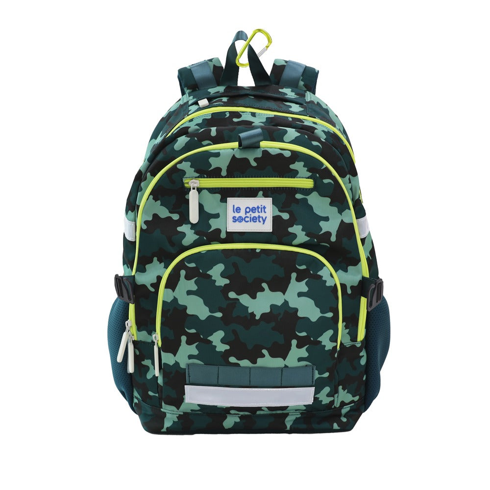 A front view of the LPS kids double pocket school bag in a green camouflage print.
