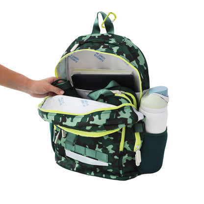 The LPS kids double pocket school bag containing a water bottle, an umbrella, laptop and notebooks.