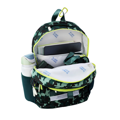 The LPS kids double pocket school bag containing a water bottle, an umbrella, pencil case, laptop and notebooks.