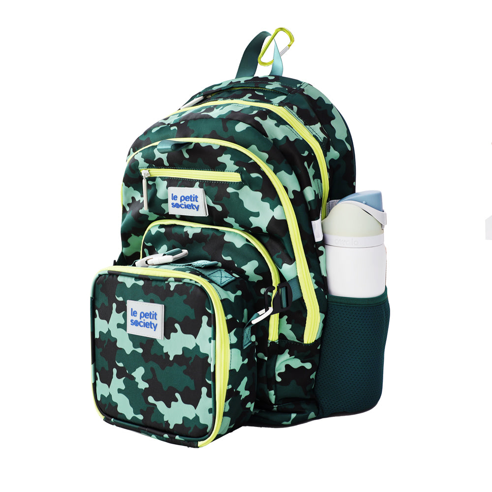 The LPS kids essential bundle consisting of a double pocket school bag and a mini lunch bag in green camouflage print.