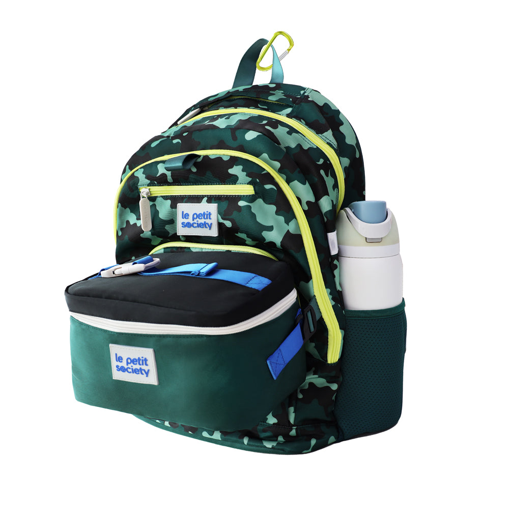 The LPS kids double pocket school bag with a lunch bag attached to it in the front and a water bottle sleeve. 