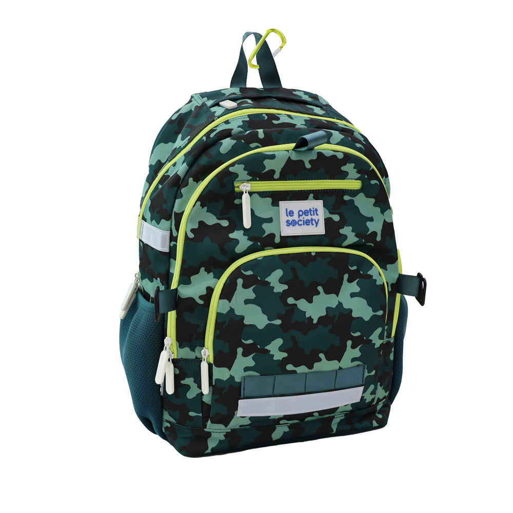 A side view of the LPS kids double pocket school bag in a green camouflage print.
