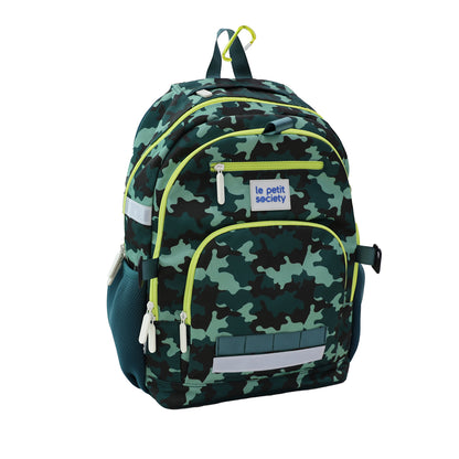 A side view of the LPS kids double pocket school bag in a green camouflage print.