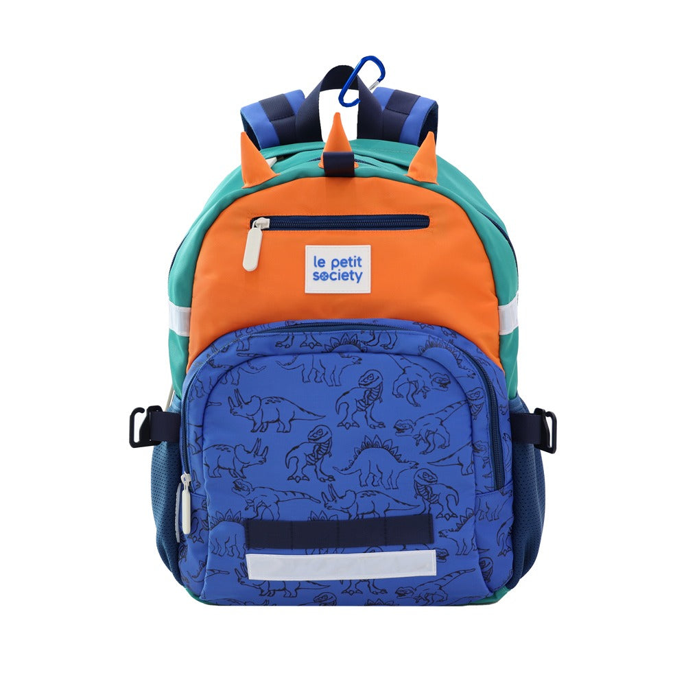 The LPS kids single pocket school bag with a blue, orange and cyan colour scheme, dinosaur print and dinosaur spikes.