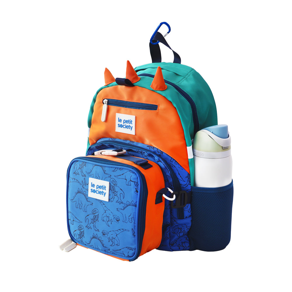 The LPS kids single pocket school bag and lunch bag bundle in a orange, blue and turquoise dinosaur design.