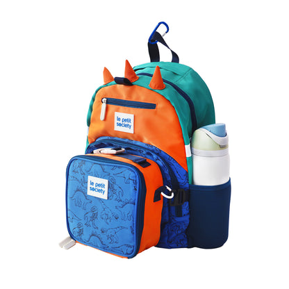 The LPS kids single pocket school bag and lunch bag bundle in a orange, blue and turquoise dinosaur design.