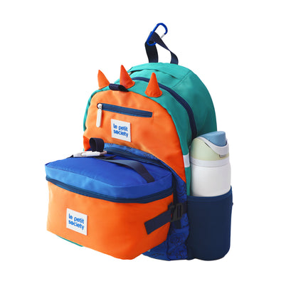 The LPS kids single pocket school bag and lunch bag bundle in an orange, blue and green dinosaur design.