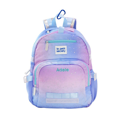 The single pocket school bag in a gradient purple design and a metallic galaxy print