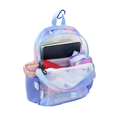 The LPS kids single pocket school bag containing a water bottle, umbrella, pencil case, laptop and school books.