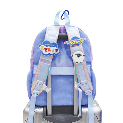The shoulder straps of the LPS kids single pocket school bag customised with several velcro patches. 