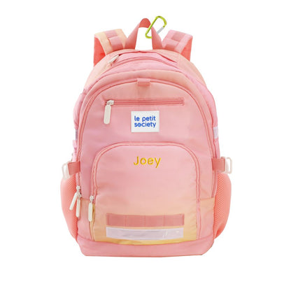The double pocket school bag in pink and yellow, with personalised name embroidery.