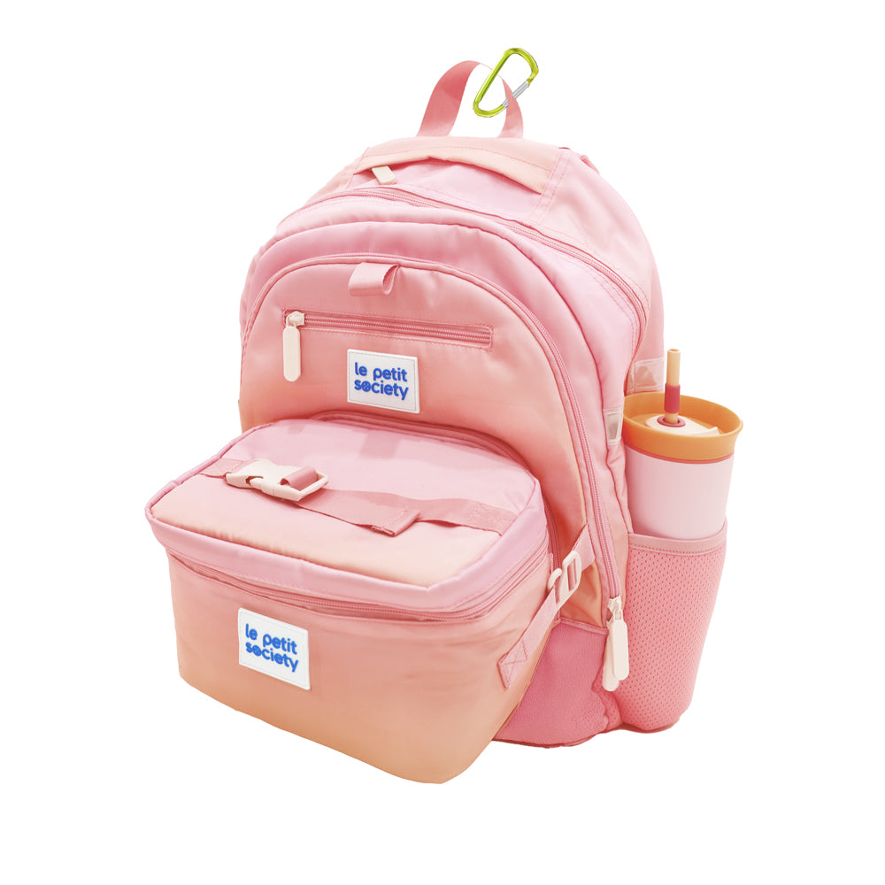 The LPS kids double pocket school bag and lunch bag bundle in an ombre pink and yellow design.