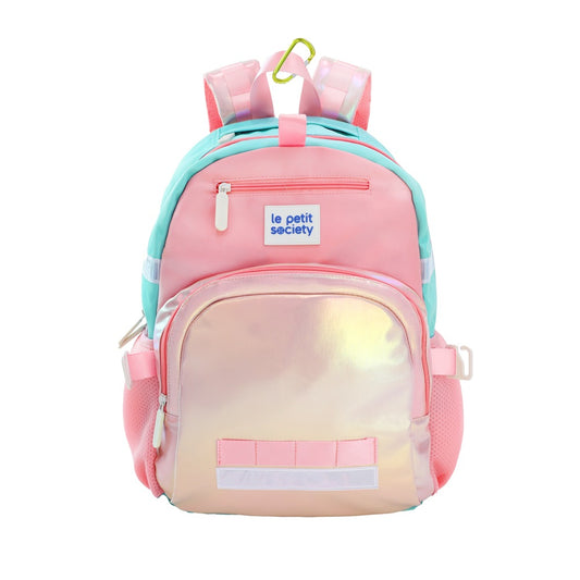 The LPS kids single pocket school bag in an iridescent pink and gold design.