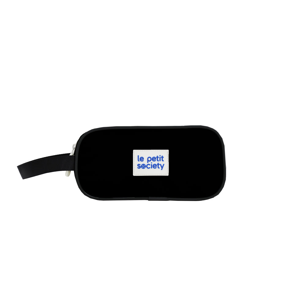 Le Petit Society's double zip pencil case in cool black, with a black handle.