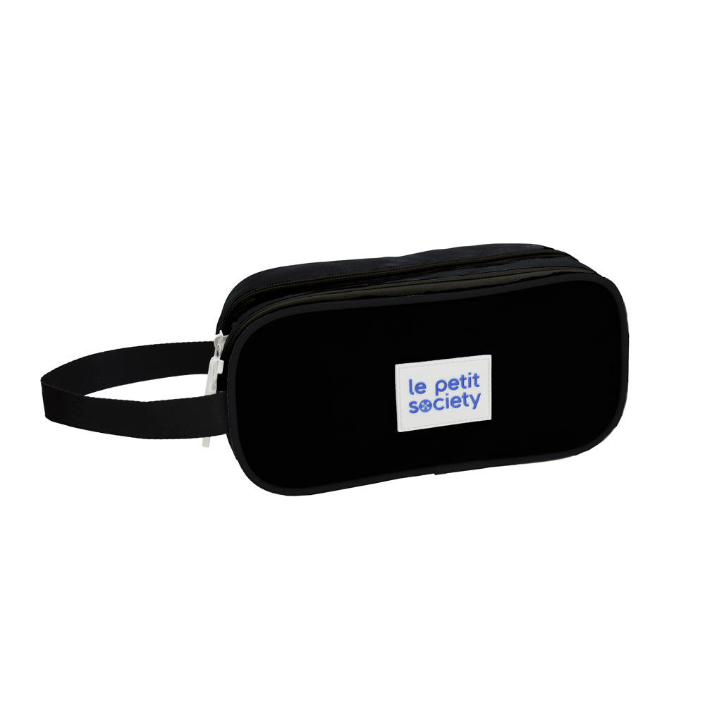 Le Petit Society's pencil case in black, with double zips and a black handle.