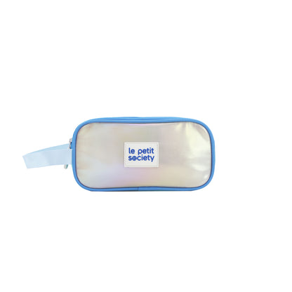 A pencil case in iridescent blue and silver.