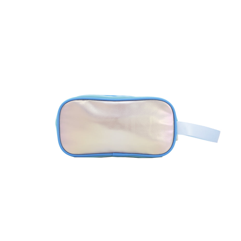 The back of an iridescent blue and silver pencil case.