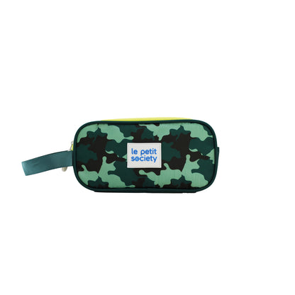 A pencil case in green camouflage print.